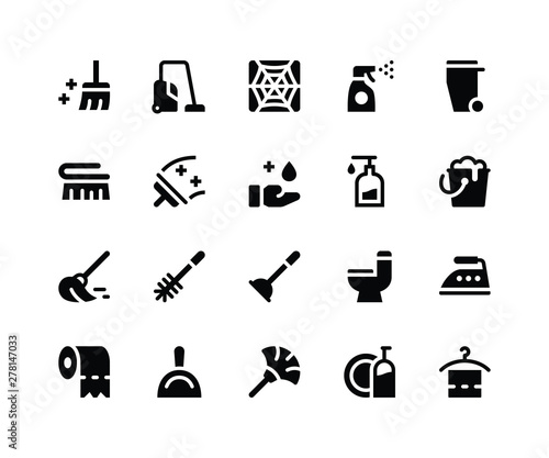 Simple Set of Cleaning Related Vector Glyph Icons. Contains such Icons as broom, vacuum, spray, dustpan and More. pixel perfect vector icons based on 32px grid. Well Organized and Layered