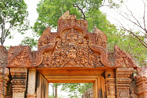 Banteay Srei Siem Reap Castle, Cambodia is one of the most beautiful and beautiful castles. Construction of pink sandstone Carved into patterns related to Hinduism, Brahminism photo