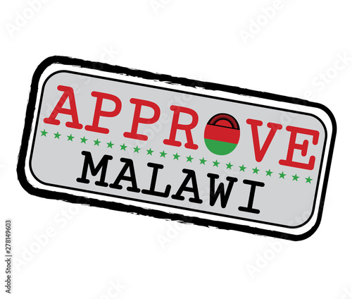 Vector Stamp for Approve logo with Malawi Flag in the shape of O and text Malawi. photo