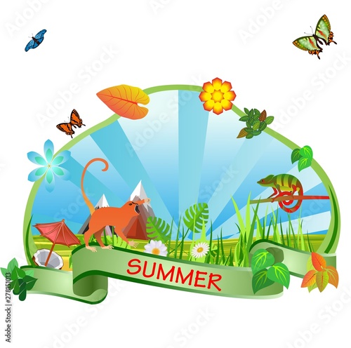 Summer time composition  monkey  birds and iscects  nature vector
