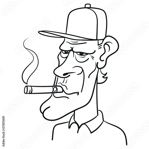 Hand drawn vector illustration of a baseball cap and cigar in mouth. funny, usa, portrait, scribble, outline, comic, ink, sketch, doodle, vector, illustration, line, cartoon, black, white, drawing.