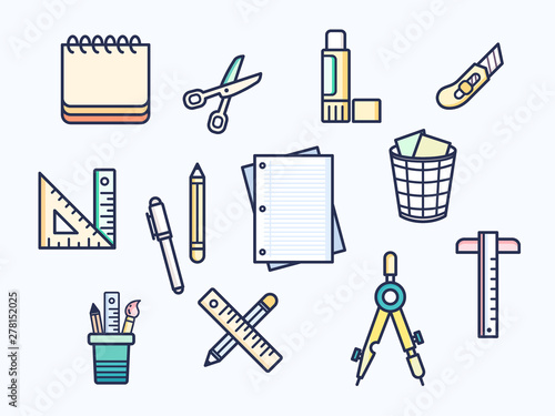 Vector illustration of a stationery and school supplies elements. Contains such as pencil, scheduler, scissors, glue and more. Flat illustration style line drawing and background color blue.