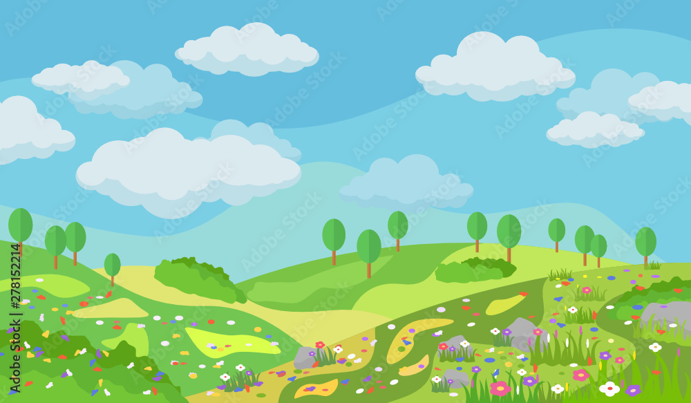 Vector illustration of beautiful summer landscape with flowers