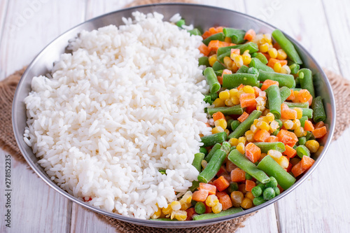 Homemade frozen vegetables with rice