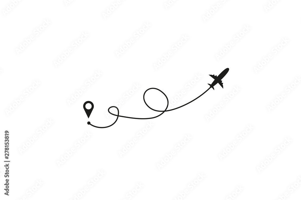 Flight route. Plane icon. Airplane icon with route from launch point to destination point. Vector illustration Flight route. Plane icon. Airplane icon with route from launch point to destination point. Vector illustration