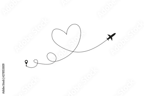 Love airplane route. Heart dashed line trace and plane routes isolated on white background. Romantic wedding travel, Honeymoon trip. Hearted plane path drawing. Vector illustration