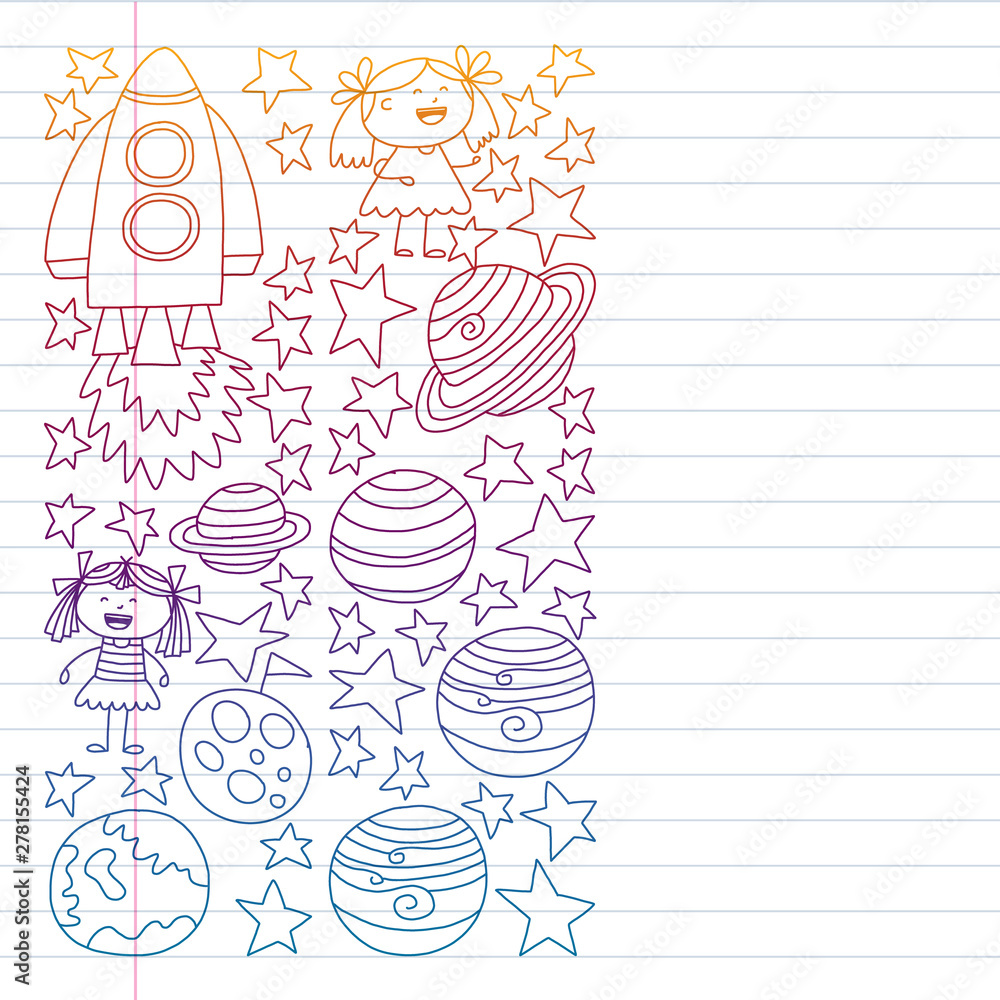 Vector set of space elements icons in doodle style. Painted, colorful, pictures on a piece of paper on white background. Drawing on exercise notebook in colorful gradient style. Vector set of space elements icons in doodle style. Painted, colorful, pictures on a piece of paper on white background. Drawing on exercise notebook in colorful gradient style.