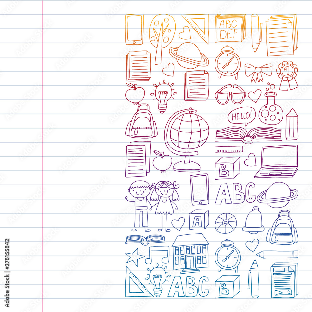 Vector set of Back to School icons in doodle style. Painted, colorful, pictures on a piece of paper on white background. Drawing on exercise notebook in colorful gradient style.