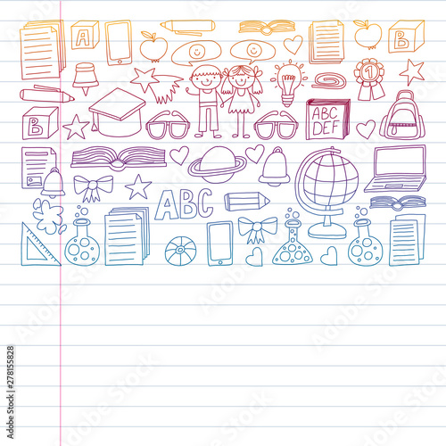 Vector set of Back to School icons in doodle style. Painted, colorful, pictures on a piece of paper on white background. Drawing on exercise notebook in colorful gradient style.