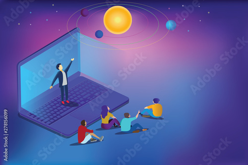 Online astronomy lesson isometric vector concept. Remote teacher tells students about earth and space illustration. Remote teach and studying, explain about earth