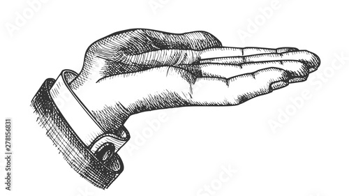 Businessman Left Hand Make Gesture Vintage Vector. Man Show Pointing Gesture Opened Palm Like Holding Cookie. Demonstrate Or Pleased Gesturing Signal Designed in Retro Style Illustration