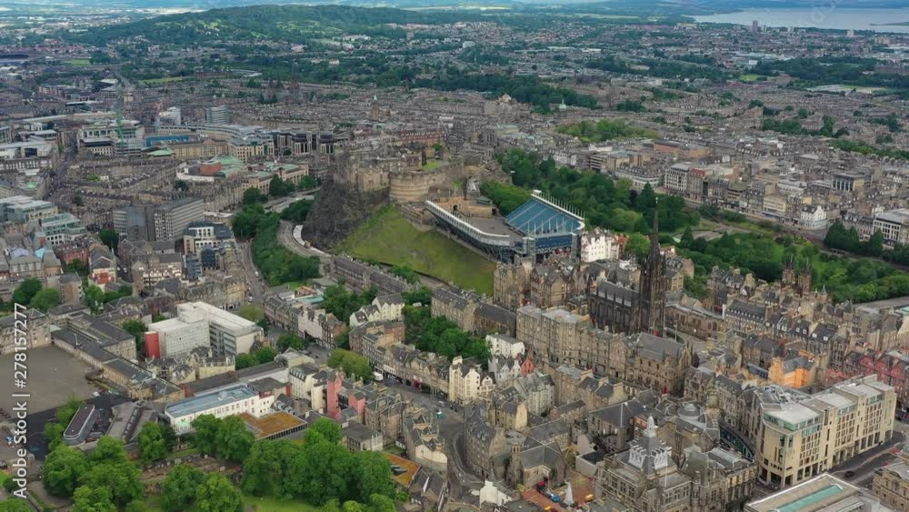 Aerial view of Edinburgh Castle in city of Edinburgh, historic centre of city, medieval fortress on Castle Rock - landscape panorama of Scotland from above, United Kingdom, Great Britain, Europe Aerial view of Edinburgh Castle in city of Edinburgh, historic centre of city, medieval fortress on Castle Rock - landscape panorama of Scotland from above, United Kingdom, Great Britain, Europe