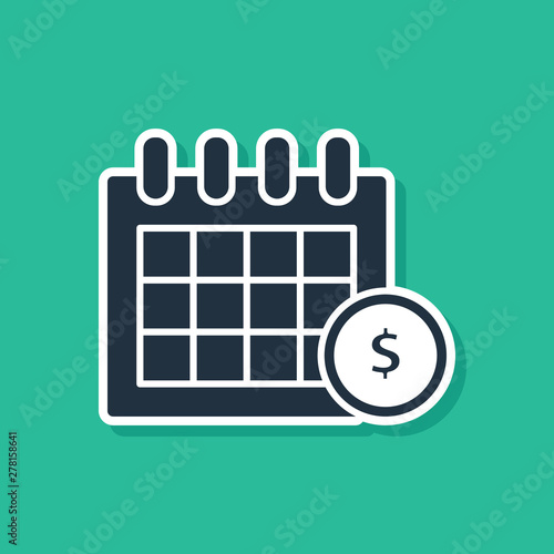 Blue Financial calendar icon isolated on green background. Annual payment day, monthly budget planning, fixed period concept, loan duration. Vector Illustration