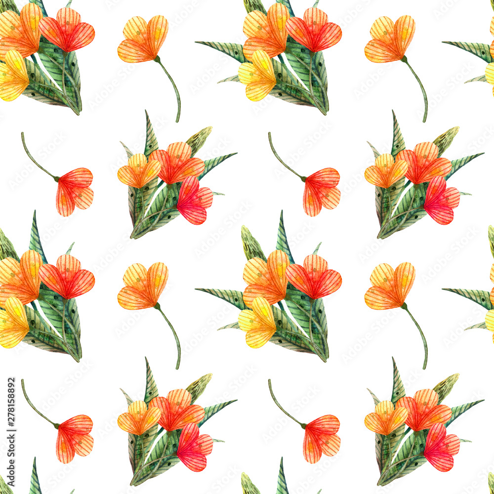 Watercolor wildflowers. Seamless pattern with a bouquet of orange flowers
