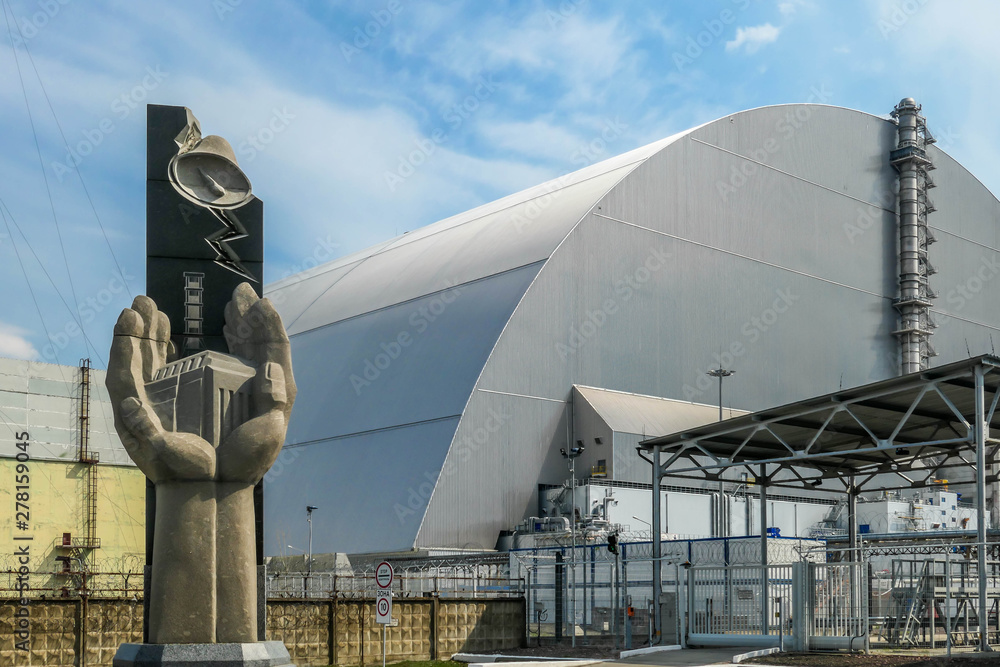 Chernobyl/Ukraine - 04 23 2018: A monument in front of the Reactor 4 ...