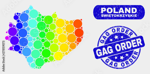 Rainbow colored dot Swietokrzyskie Voivodeship map and seal stamps. Blue rounded Gag Order distress watermark. Gradiented spectrum Swietokrzyskie Voivodeship map mosaic of randomized circle elements.