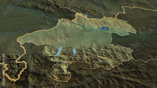 Oberosterreich - state of Austria with its capital zoomed on the physical map of the globe. Animation 3D photo