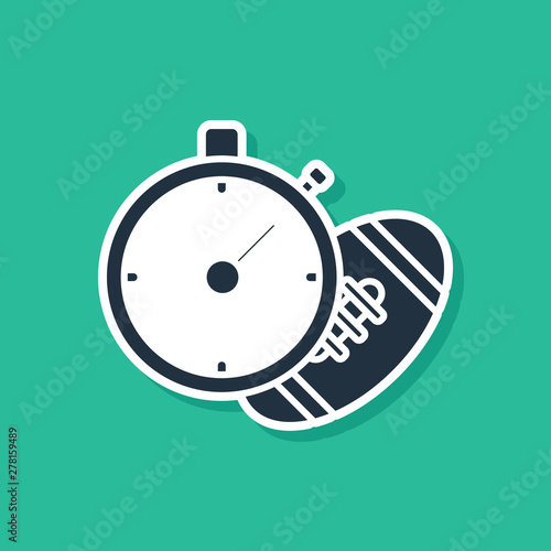 Blue American Football ball and stopwatch icon isolated on green background. Set of sport equipment. Vector Illustration