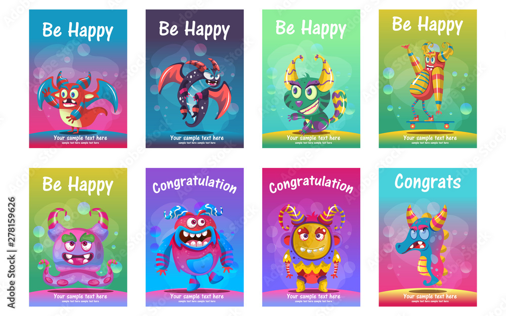 cute monster greeting cards set