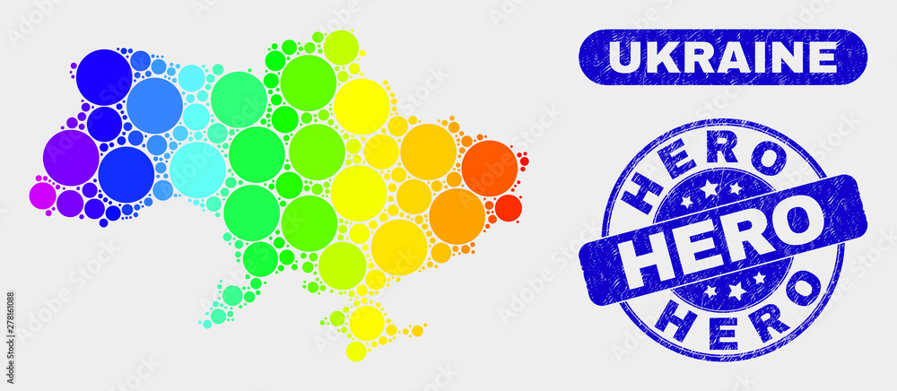 Rainbow colored dot Ukraine map and seals. Blue round Hero distress seal. Gradiented rainbow colored Ukraine map mosaic of random circle dots. Hero seal stamp with rubber surface. Rainbow colored dot Ukraine map and seals. Blue round Hero distress seal. Gradiented rainbow colored Ukraine map mosaic of random circle dots. Hero seal stamp with rubber surface.