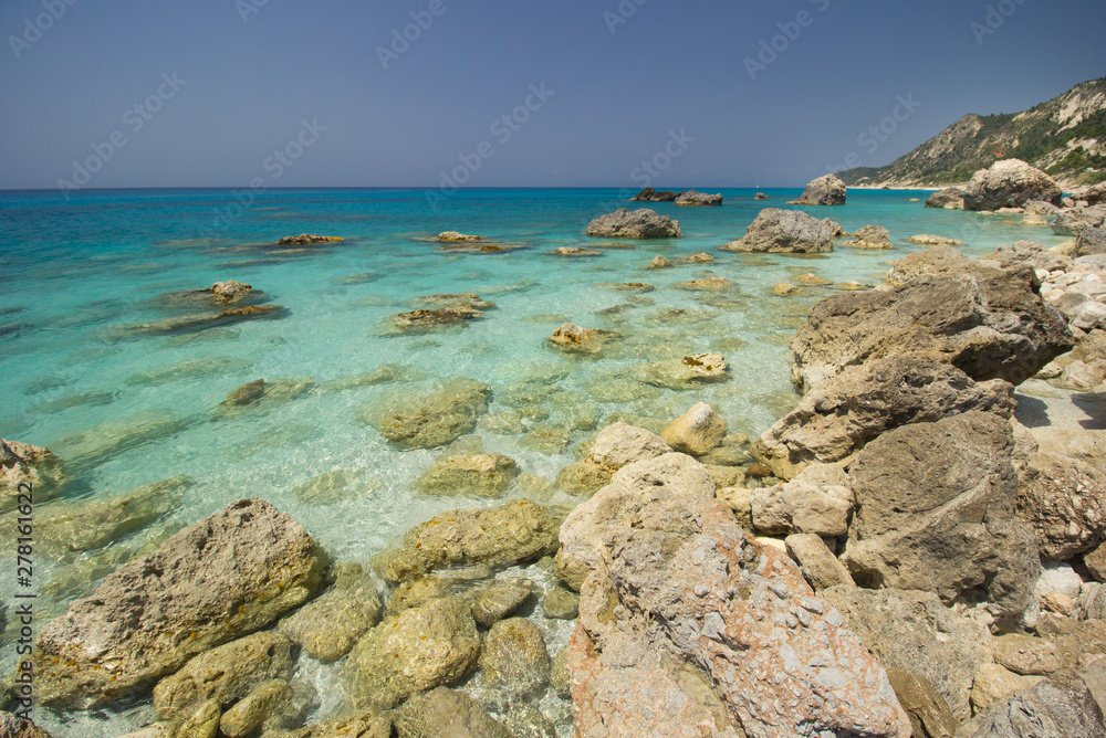 Kavalikefta Beach, Lefkada Island, Greece. Beautiful turquoise water of Kavalikefta Beach on the island of Lefkada in Greece 