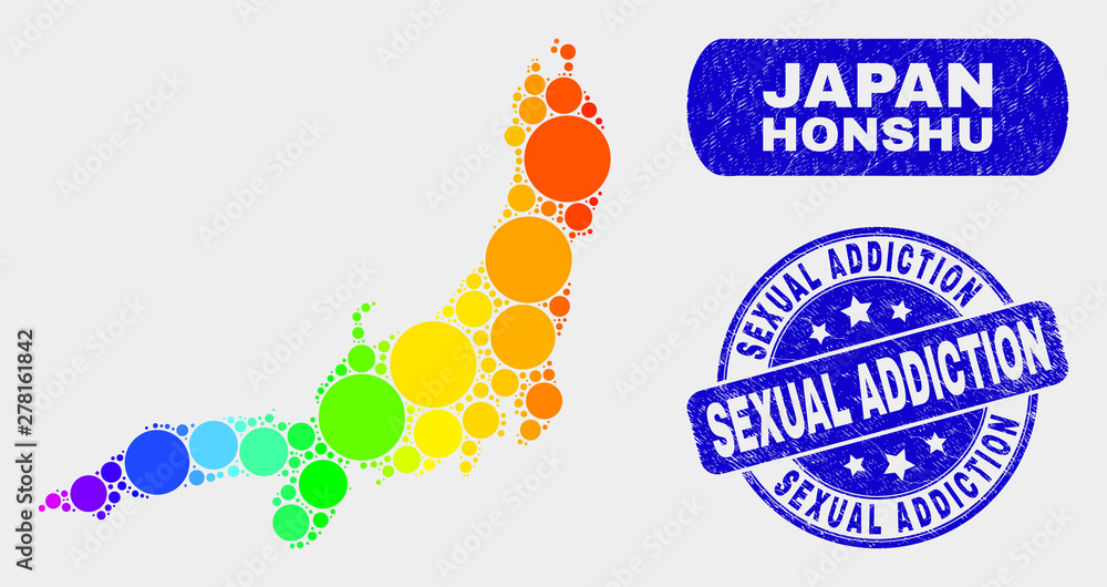 Spectral dot Honshu Island map and seal stamps. Blue rounded Sexual Addiction scratched seal. Gradient spectral Honshu Island map mosaic of randomized round dots. Spectral dot Honshu Island map and seal stamps. Blue rounded Sexual Addiction scratched seal. Gradient spectral Honshu Island map mosaic of randomized round dots.