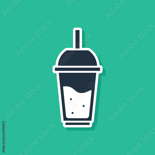 Blue Glass of lemonade with drinking straw icon isolated on green background. Vector Illustration