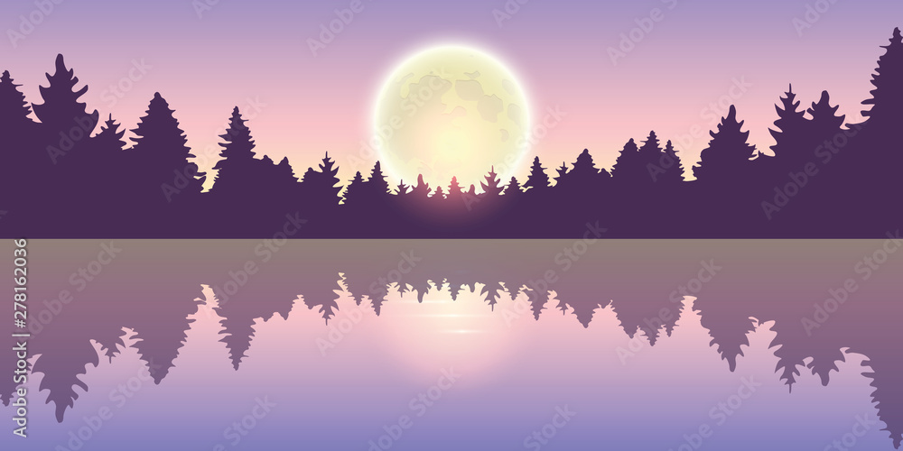 beautiful lake at full moon pine forest nature landscape vector illustration EPS10