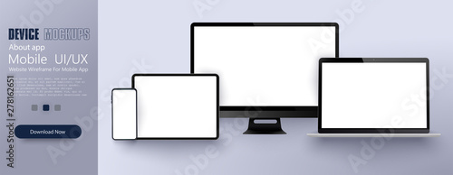 Set realistic of modern devices mockups with blank frameless screens: monitor, laptop, tablet, smartphone. Template for infographics or presentation. Stock Vector illustration