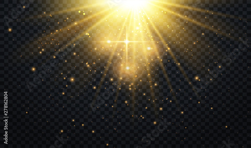 Abstract Light Overlay Effect on Transparent Background. Sparkles. Golden Sun Rays.  Vector Illustration
