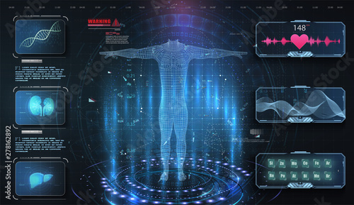 Medical examination in style HUD, UI, UX, GUI. Medical Health Care Human Virtual Body Hi Tech Diagnostic Panel. Modern medical science in future. Virtual Body Hi Tech Diagnostic Analysis clone DNA.