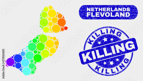 Spectral dotted Flevoland Province map and rubber prints. Blue round Killing textured seal. Gradient spectral Flevoland Province map mosaic of scattered round spots.