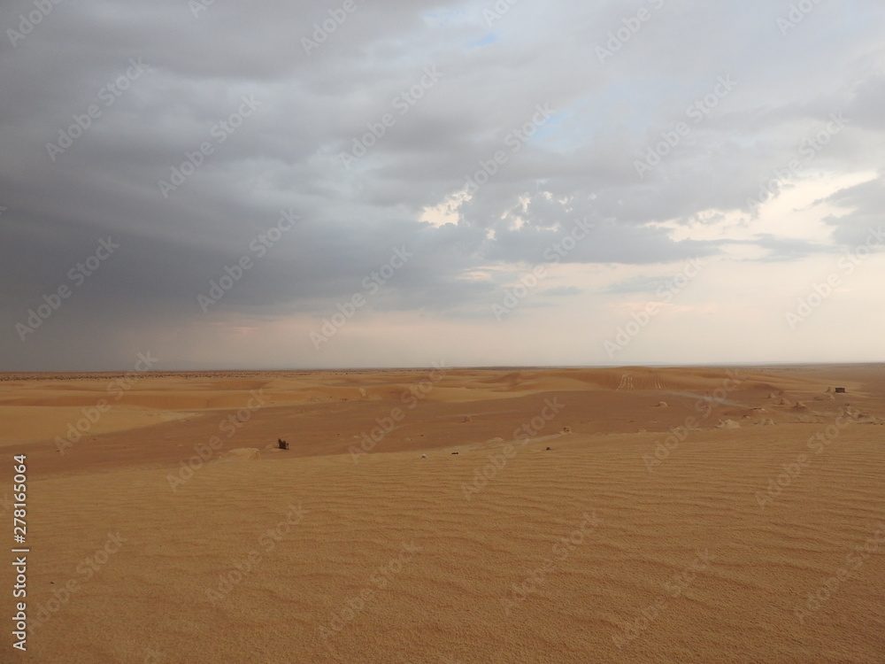 Dunes in the sahara, merzouga morocco. Golden desert dunes. Hills of the sahara. Evening in the desert. Lanscape morocco. Scenic view.