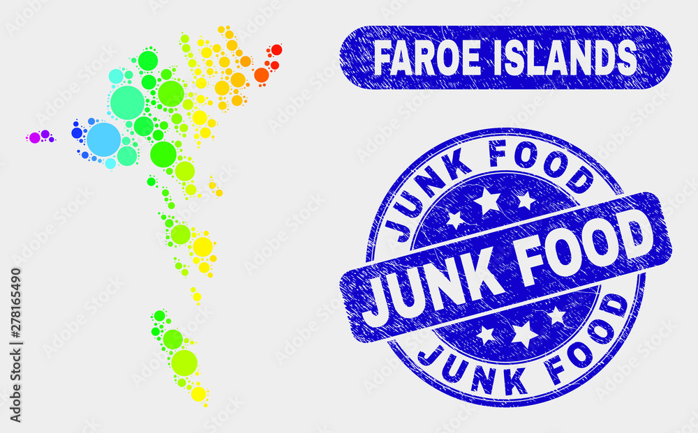 Spectral spotted Faroe Islands map and seal stamps. Blue rounded Junk Food grunge watermark. Gradiented spectral Faroe Islands map mosaic of scattered small circles.