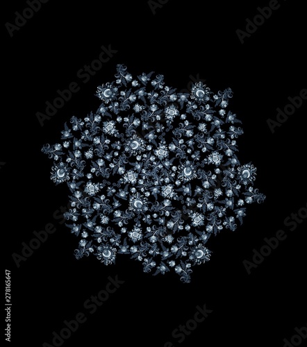 Beautiful ornamental floral circle with petals. Print. Soft blue flowers in a circle.