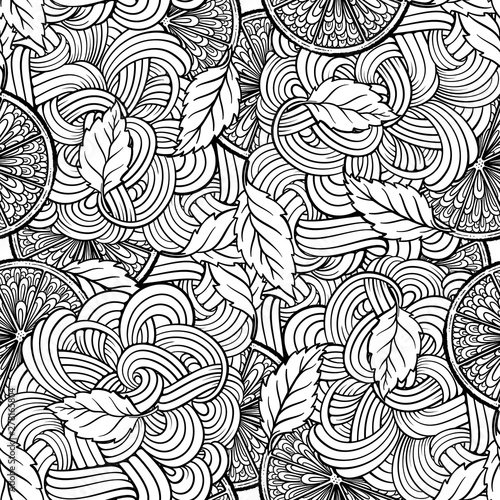 Wallpaper Mural Black and white vector summer seamless with citrus slices and mint leaves. Torontodigital.ca