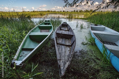 Łódki tracycyjne, drewniane na brzegu rzeki latem