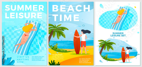 Vector summer leisure posters set - woman in pool and on beach with surf. Ocean, palm and sand on background. Print template with place for your text.