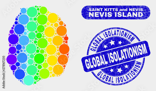 Spectral dotted Nevis Island map and seal stamps. Blue round Global Isolationism textured stamp. Gradiented spectral Nevis Island map mosaic of scattered round dots.