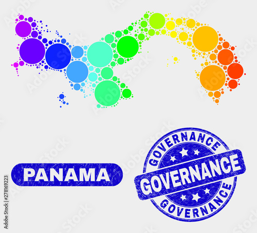 Spectral spotted Panama map and seals. Blue round Governance grunge seal stamp. Gradiented spectral Panama map mosaic of randomized small circles. Governance stamp with grunge surface.