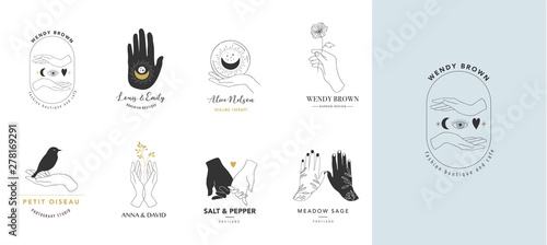 Vászonkép Collection of fine, hand drawn style logos and icons of hands