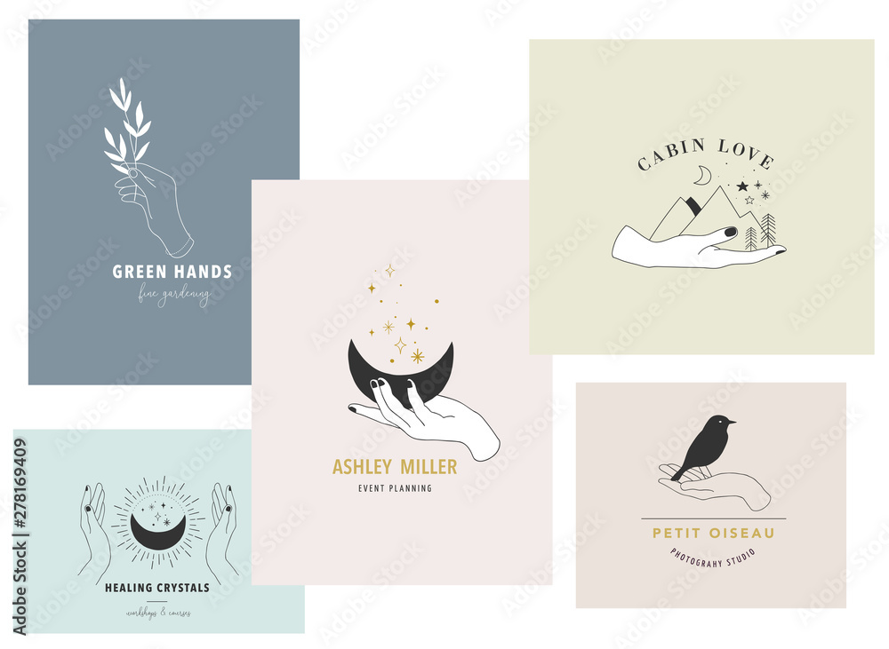 Collection of fine, hand drawn style logos and icons of hands. Esoteric, fashion, skin care and wedding concept illustrations. Vecor design