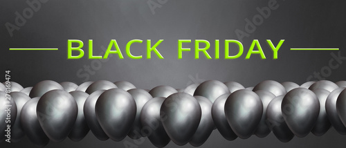 Black friday sale promo banner with color shiny balloons. Black Friday Sale fashion background. 3d illustration.