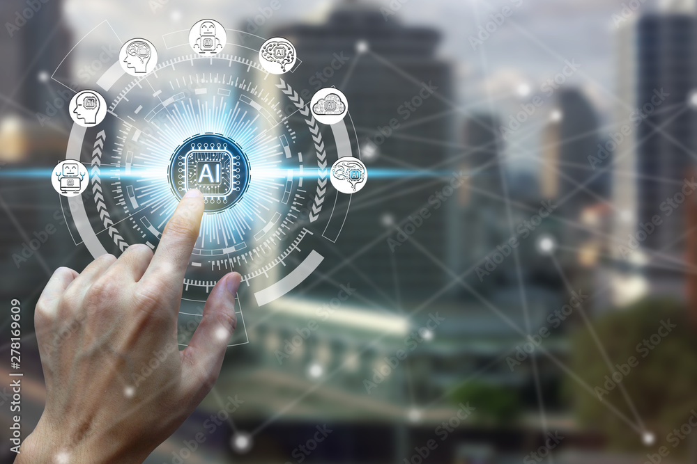 Fototapeta premium hand touching virtual screen Artificial Intelligence technology icon over the Network connection, Artificial Intelligence Technology Concept.