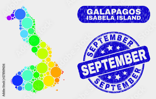 Spectrum dot Isabela Island of Galapagos map and seal stamps. Blue rounded September grunge seal. Gradiented spectral Isabela Island of Galapagos map mosaic of random circle.