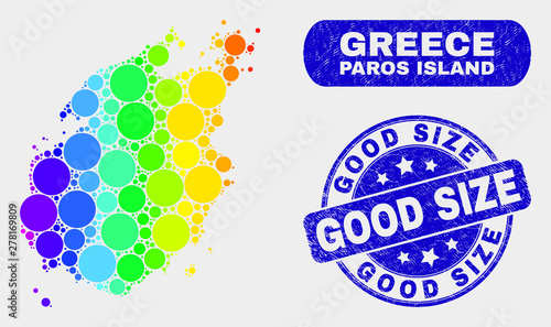 Spectral spotted Paros Island map and watermarks. Blue rounded Good Size distress watermark. Gradient spectral Paros Island map mosaic of random round elements.