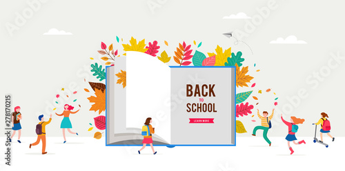 Back to school scene with big book and miniature people, children playing with autumn leaves, jumping and running. College, school and university concept vector illustration