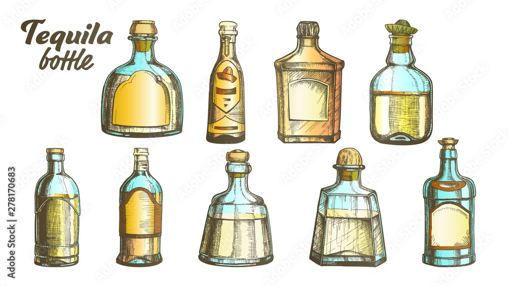Stylish Collection Tequila Glass Bottle Set Vector. Sketch Of Different Design Modern And Vintage Bottle For Traditional Mexican Alcohol Drink. Bright Assortment Of Liquid Package Color Illustrations Stylish Collection Tequila Glass Bottle Set Vector. Sketch Of Different Design Modern And Vintage Bottle For Traditional Mexican Alcohol Drink. Bright Assortment Of Liquid Package Color Illustrations