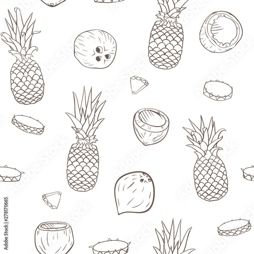 Vector Pina Colada Linart on White seamless pattern background.