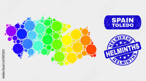 Rainbow colored dotted Toledo Province map and seal stamps. Blue round Helminths textured seal. Gradiented spectral Toledo Province map mosaic of scattered round elements.